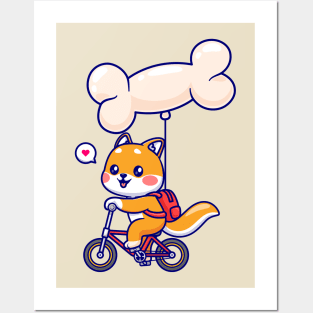 Cute Shiba Inu Dog Riding Bicycle With Bone Balloon Cartoon Posters and Art